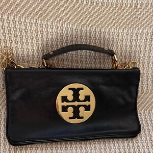 Tory Burch Black Leather Clutch with Gold Accent